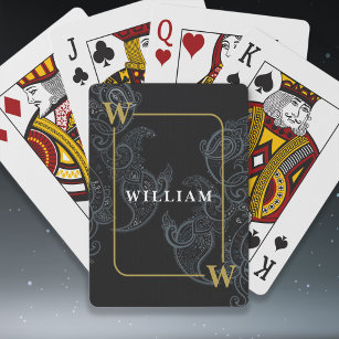 Elegant Black Gold Paisley Monogram Initial Name Playing Cards