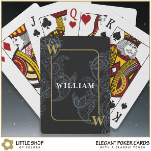 Elegant Black Gold Paisley Monogram Initial Name Poker Cards