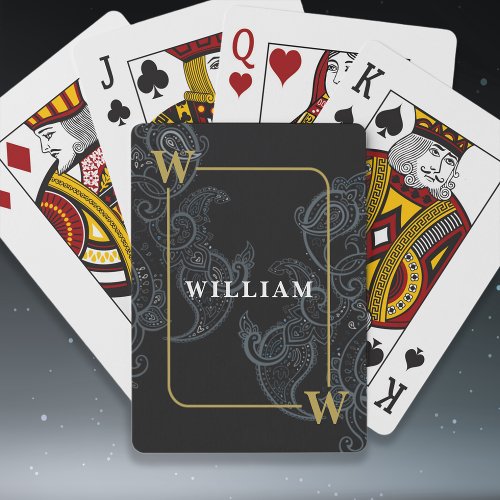 Elegant Black Gold Paisley Monogram Initial Name Poker Cards