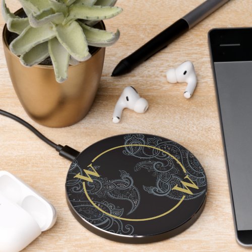 Elegant Black Gold Paisley Monogram Initial Wireless Charger