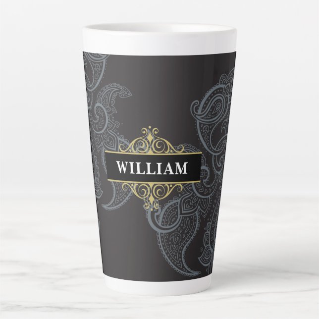 Elegant Black Gold Paisley Monogram Latte Mug (Front)