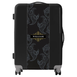 Elegant Black Gold Paisley Monogram Luggage