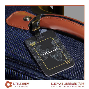 Elegant Black Gold Paisley Monogram Luggage Tag