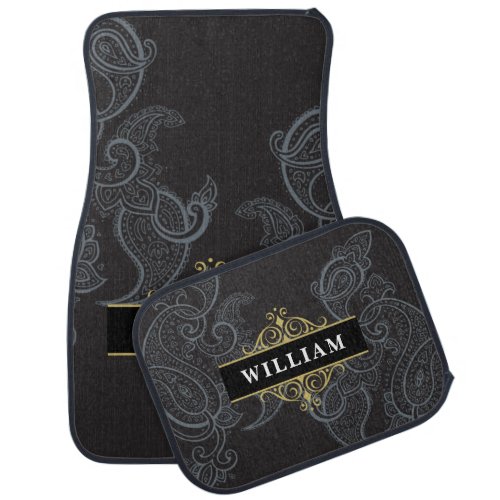 Elegant Black Gold Paisley Monogram Name Car Floor Mat