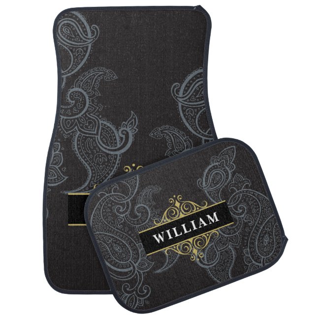Elegant Black Gold Paisley Monogram Name Car Floor Mat (Set)