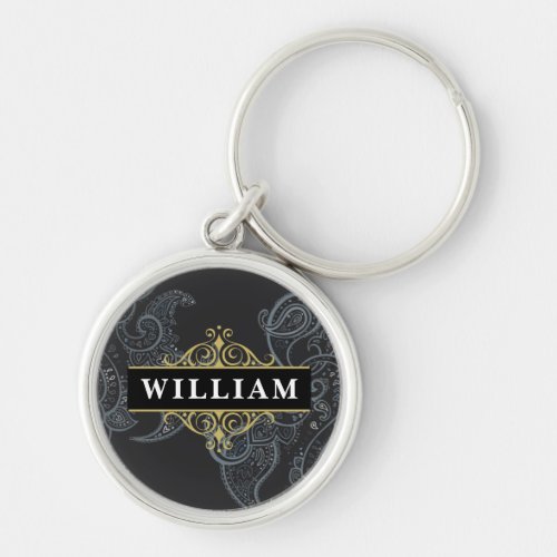 Elegant Black Gold Paisley Monogram Name Keychain