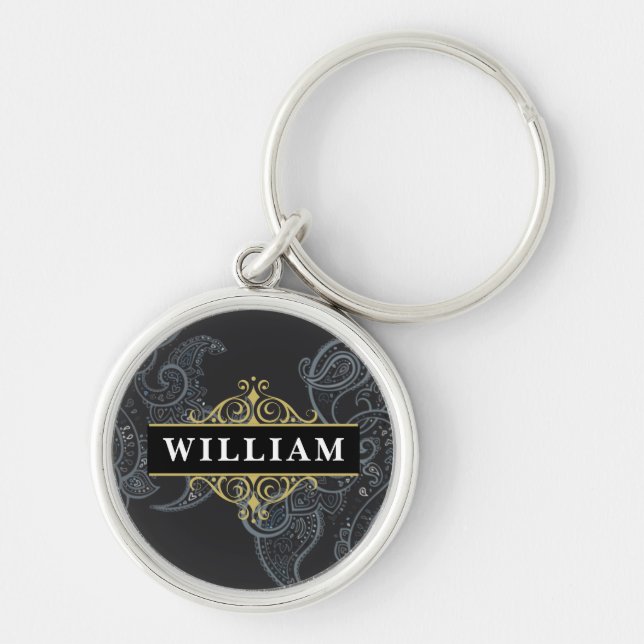 Elegant Black Gold Paisley Monogram Name Keychain (Front)