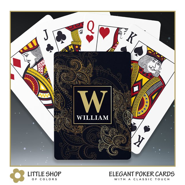 Elegant Black Gold Paisley Monogram Poker Cards (Creator Uploaded)
