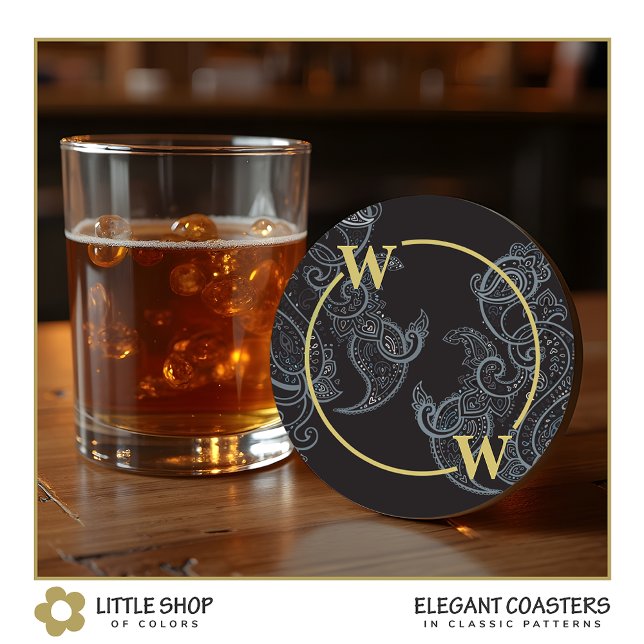 Elegant Black Gold Paisley Monogram Round Paper Coaster (Creator Uploaded)