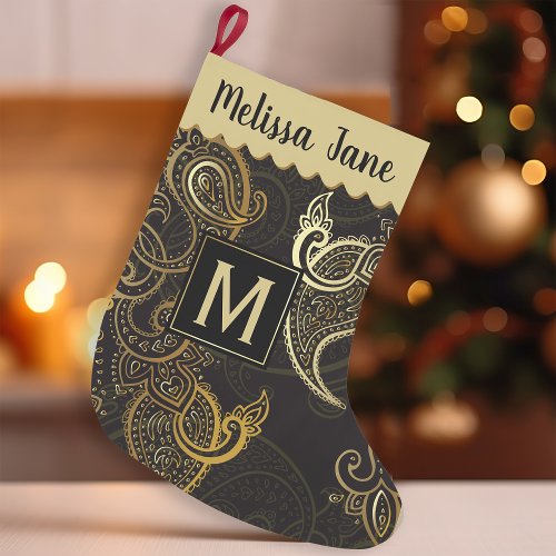 Elegant Black Gold Paisley Monogram Small Christmas Stocking