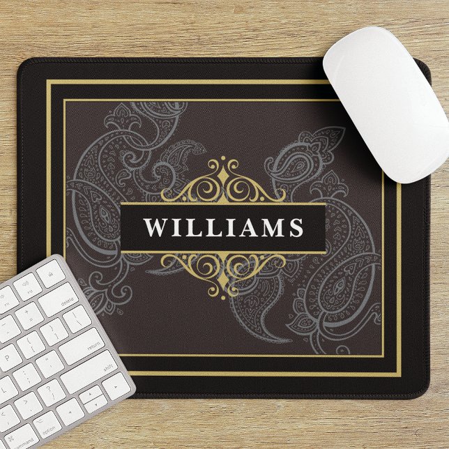 Elegant Black Gold Paisley Monogrammed Mouse Pad (Creator Uploaded)
