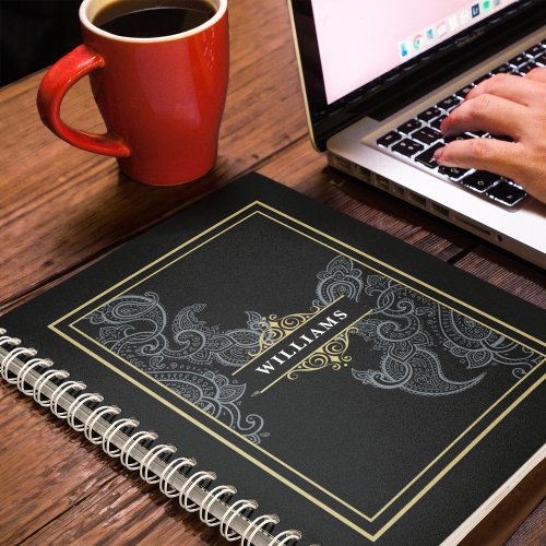 Elegant Black Gold Paisley Monogrammed Notebook