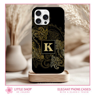 Elegant Black Gold Paisley Pattern Monogram iPhone 16 Case