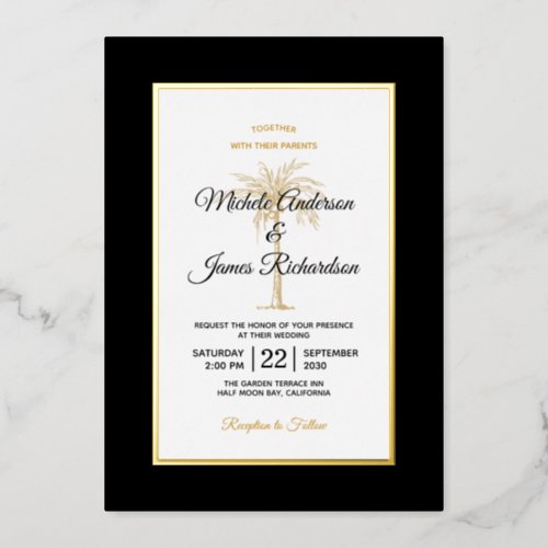 Elegant Black Gold Palm Tree Beach Wedding Foil Invitation