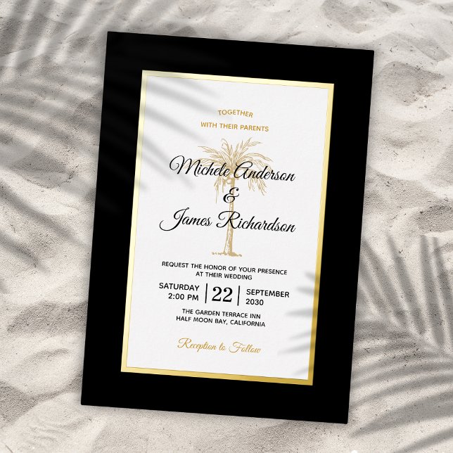 Elegant Black Gold Palm Tree Beach Wedding Foil Invitation (Elegant Black Gold Palm Tree Beach Wedding Gold Foil Invitation)