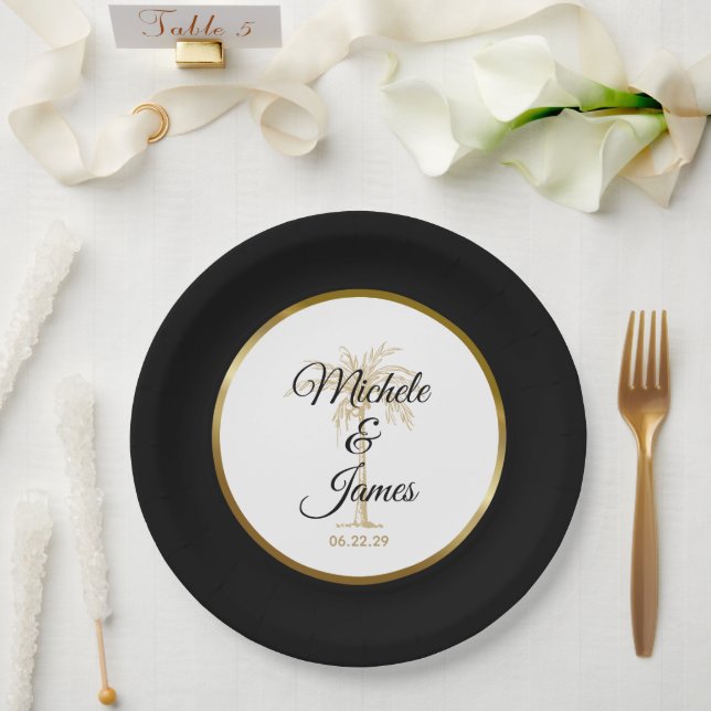Elegant Black Gold Palm Tree Modern Wedding Paper Plates (Wedding)