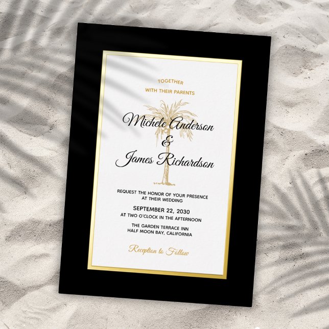 Elegant Black Gold Palm Tree Tropical Wedding Foil Invitation (Elegant Black Gold Palm Tree Tropical Wedding Foil Invitation)