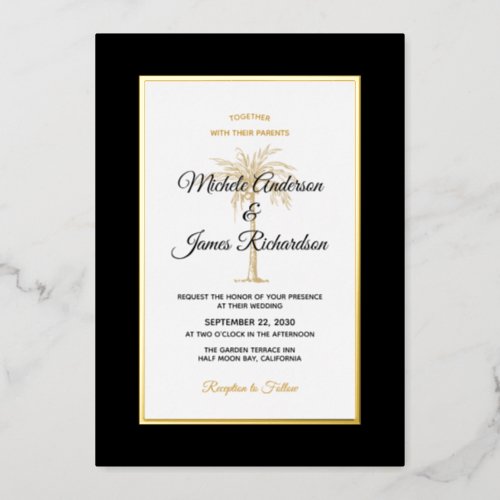 Elegant Black Gold Palm Tree Tropical Wedding Foil Invitation