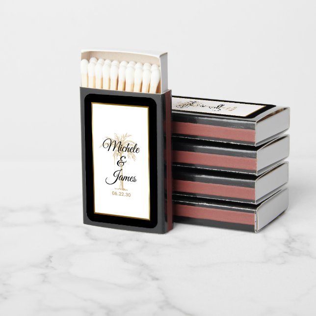 Elegant Black Gold Palm Tree Tropical Wedding Matchboxes (Stacked)