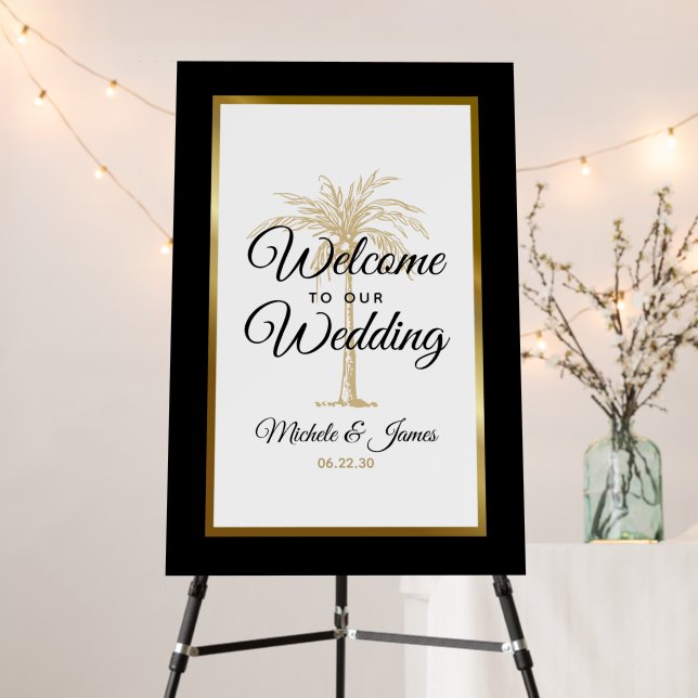Elegant Black Gold Palm Tree Wedding Welcome Foam Board (In Situ (Stand))
