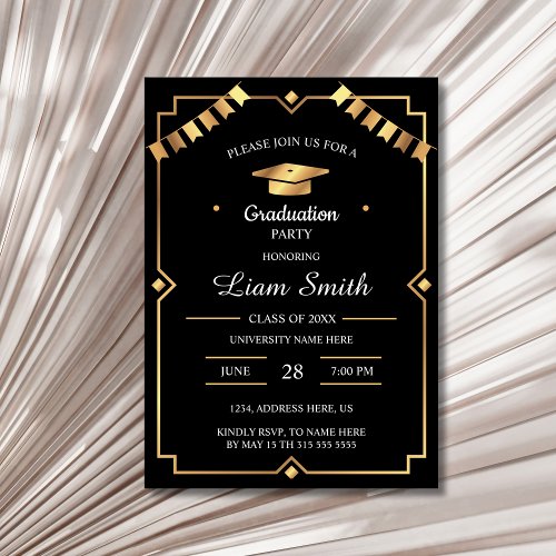 Elegant Black Gold Party Graduation Invitation