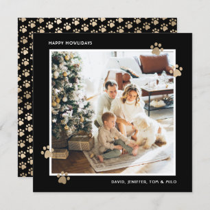 Elegant Black Gold Paw Photo Happy Howlidays Holiday Card