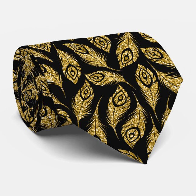 elegant black gold peacock feather pattern neck tie (Rolled)