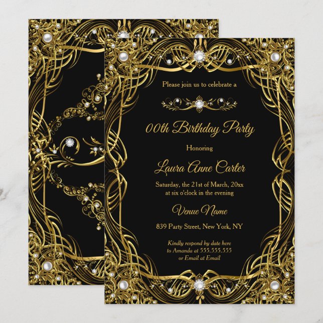 Elegant Black Gold Pearl Damask Birthday Invitation (Front/Back)