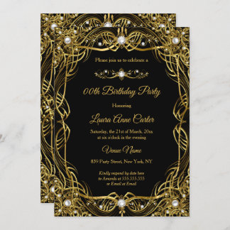 Elegant Black Gold Pearl Damask Birthday Invitation