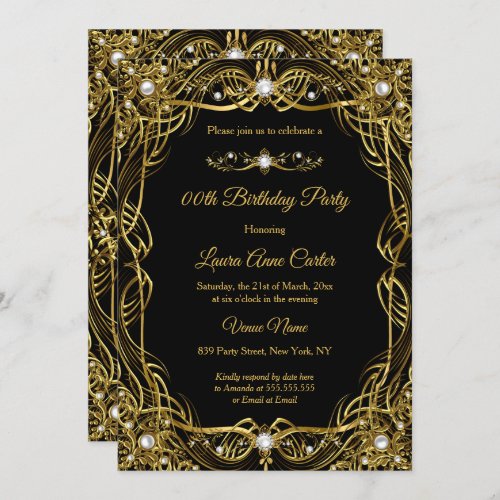 Elegant Black Gold Pearl Damask Birthday Invitation
