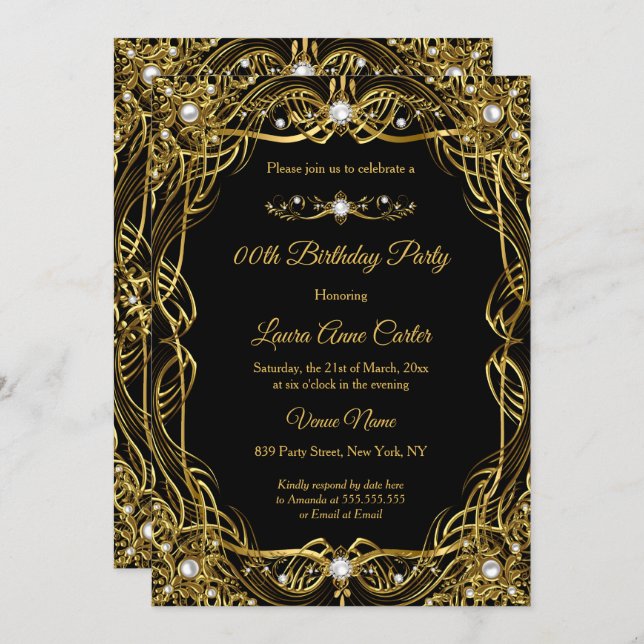 Elegant Black Gold Pearl Damask Birthday Invitation (Front/Back)