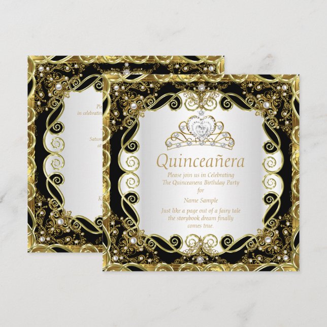 Elegant Black Gold Pearl Princess Quinceanera Invitation (Front/Back)