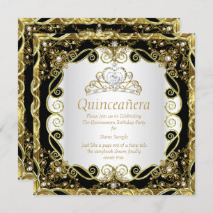 Elegant Black Gold Pearl Princess Quinceanera Invitation
