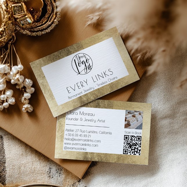 Elegant Black Gold Permanent Jewelry QR Code Business Card (Elegant Black Gold Permanent Jewelry QR Code Business Card)