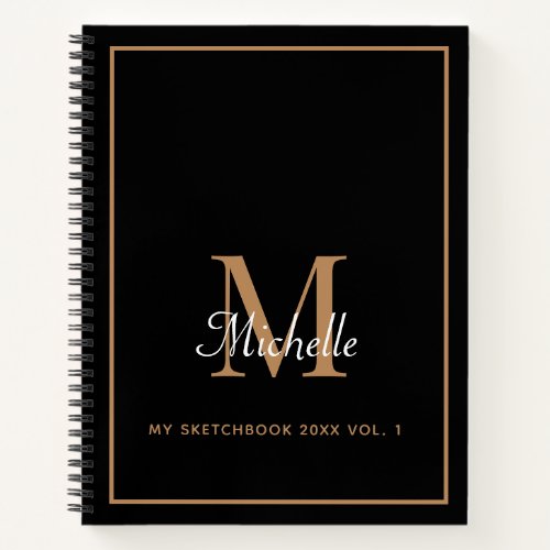 Elegant Black Gold Personal Monogram Sketchbook Notebook