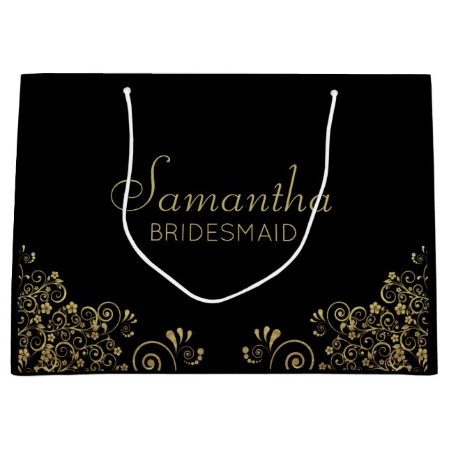 Elegant Black Gold Personalized Bridesmaid  Large Gift Bag (Front)