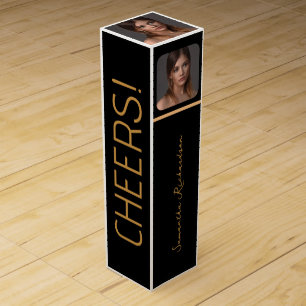 Elegant Black Gold Personalized Cheers Photo Name  Wine Box