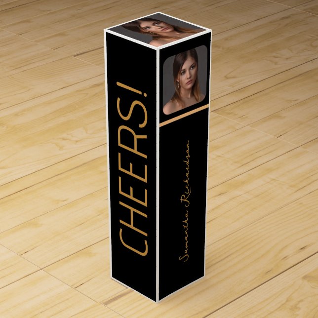 Elegant Black Gold Personalized Cheers Photo Name  Wine Box (Front)