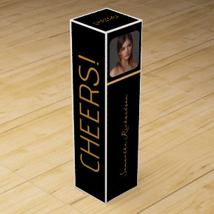 Elegant Black Gold Personalized Cheers Photo Name Wine Box