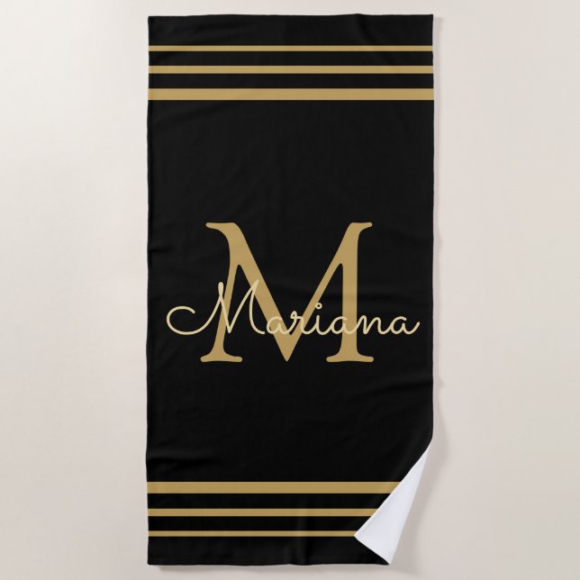 elegant black gold personalized chic Beach Towel (Front)