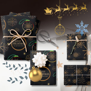 Elegant Black & Gold Personalized Christmas Wrapping Paper Sheets