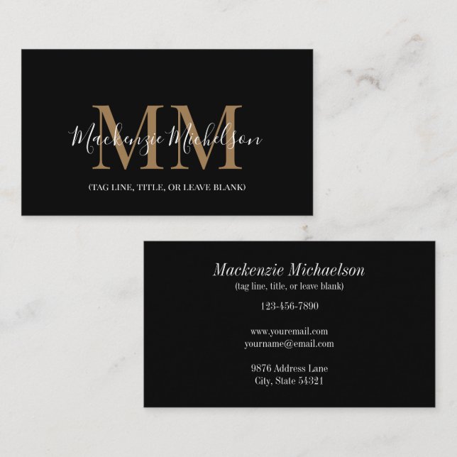 Elegant Black Gold Personalized Monogram Name  Business Card (Front/Back)