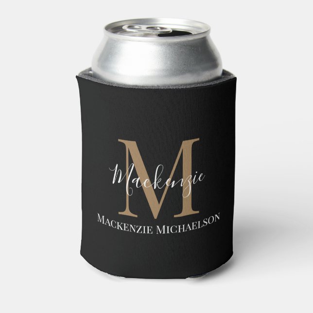 Elegant Black Gold Personalized Monogram Name  Can Cooler (Can Back)