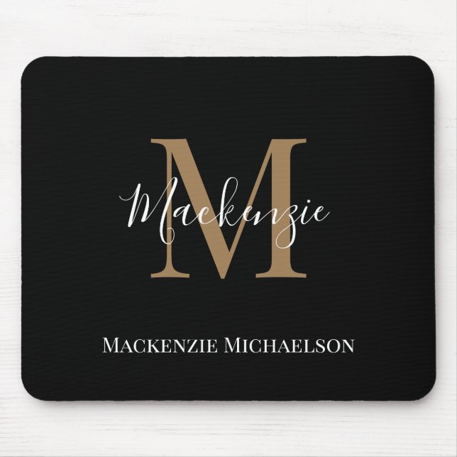 Elegant Black Gold Personalized Monogram Name  Mouse Pad (Front)