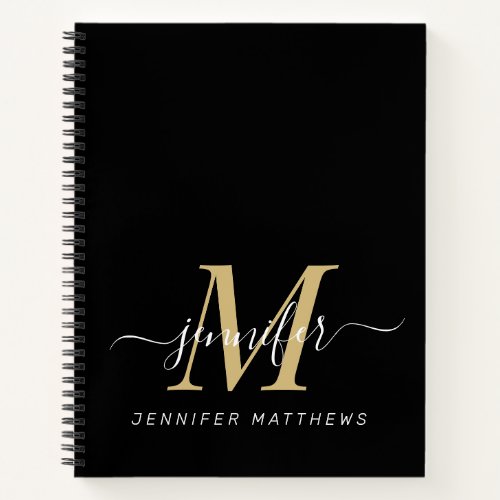 Elegant Black Gold Personalized Monogram Name Notebook