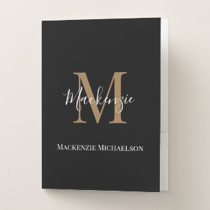Elegant Black Gold Personalized Monogram Name  Pocket Folder