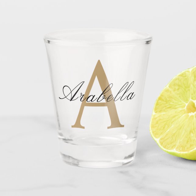 Elegant Black Gold  Personalized Monogram  Name  Shot Glass (Front)