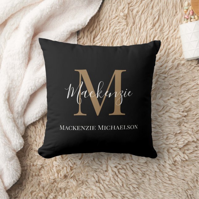 Elegant Black Gold Personalized Monogram Name   Throw Pillow (Blanket)