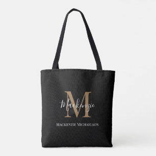 Elegant Black Gold Personalized Monogram Name  Tote Bag