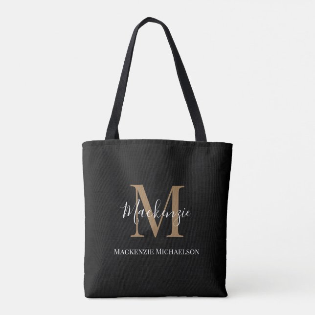 Elegant Black Gold Personalized Monogram Name  Tote Bag (Back)